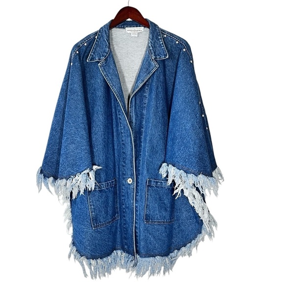 VTG CELE'S COLLECTION Silver Stud Denim Fringe Poncho Jacket Women's Size L - Picture 1 of 16